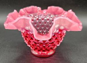 lot 23 image: Fenton Cranberry Opalescent Ruffled Hobnail Vase