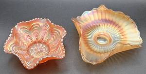 lot 18 image: Vintage Fenton Carnival Glass Peacock Tail Pattern Ruffled Bowl  and Vintage Marigold Carnival Glass Small Flower Shape Dish