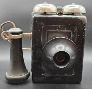 lot 60 image: Antique Kellogg Switchboard & Supply Co. Hotel Set Steel Cased Wall Phone with Original Receiver and Bells
