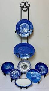 lot 32 image: Blue Plate Collection - Vintage Paden City, Syracuse China, French Transferware, Bing & Grondahl and Arabia blue Landscape Plus Plate Rack Display