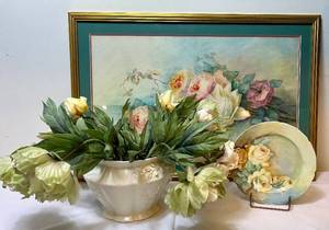 lot 59 image: Everythings Coming Up Roses Bundle includes Belleek Collectors Society Thorn Flower Pot, Austrian Plate and Watercolor Roses Painting