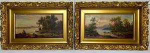lot 104 image: 19th Century Oil Paintings on Hardboard Depicting Water Scene in Ornate Gold Frame