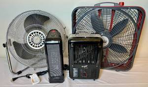 lot 73 image: Heating and Cooling Bundle - Lasko Ceramic Heater, Lasko Pro Power Box Fan, Comfort Zone Heater and Pivoting Floor Fan