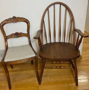lot 108 image: Vintage Tell City Duncan Phyfe Rose Back Dining Chair and Oak Bow Back Arm Chair