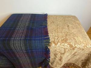 lot 105 image: Vintage John Hanly Blue Plaid Wool Woven Throw and Vintage Tapestry Bronze Throw