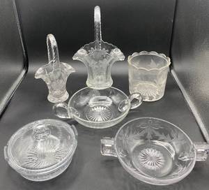 lot 92 image: Antique EAPG Cut Glass Basket, Fostoria Brides Basket, Crystal Lidded Dish, Crystal Handled Bowls -  Glows Green Under 365nm wavelength blacklight