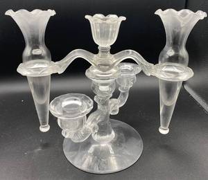 lot 96 image: Vintage Glass Epergne - 2 vases, 3 Candleholders- Glows Green Under 365nm wavelength blacklight