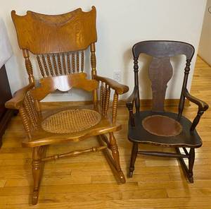 lot 106 image: Antique Oak Rocking Chair with leather base (has been repaired) and Golden Oak Rocking Chair with Cane Seat