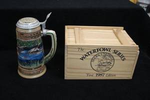lot 1776 image: Ceramarte (Brazil) Ducks Unlimited The Carolina Collection The Waterfowl Series First 1987 Edition Wood Duck Collectors Beer Stein with Wooden Collectors Box