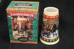lot 1799 image: Ceramarte (Brazil) Holiday Stein Collection GiftWare Edition 1994 Budweiser Hometown Holiday Collectors Beer Tankard 7 with Collectors Box