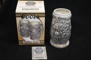 lot 1806 image: Brax Limited Rocky Mountain Iron Horse Collection Third In A Series 2002 Coors Golden Rails Collectors Beer Tankard 7 with Collectors Box, Certificate of Authenticity