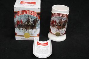 lot 1804 image: 42nd Anniversary Edition 2021 Budweiser Plaid Holiday Collectors Beer Tankard 7 with Collectors Box, Certificate of Authenticity