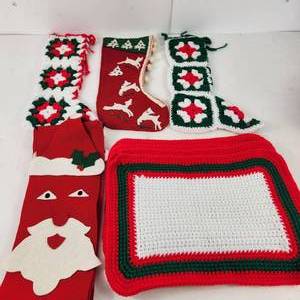 Lot Of Five Vintage Christmas Items Two Crochet Christmas Stockings Santa Wall Hanging And Four Crochet Placemats Felt Christmas Stocking