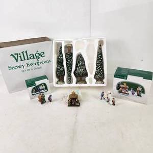 Lot Of Four Department 56 Items Snowy Evergreens Nativity And Wedding One Tree Missing