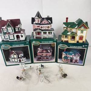 Lot Of Three Hand Painted Dickens Collectable Porcelain Lighted Houses