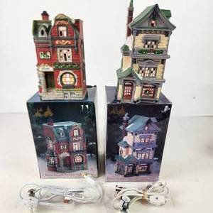 Lot Of Two Dickens Keepsake Porcelain Lighted Houses Library And House Both Have Working Cords