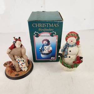 Lot Of Two ChristmasHoliday Items Snowman Birdfeeder And Santa With Sleeping Child Figurines