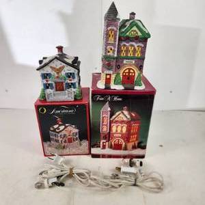 Lot Of Two Lighted Ceramic Christmas Houses With Working Cords
