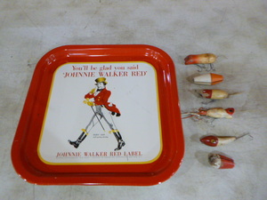 6 Vintage Fishing Lures and Johnnie Walker Tray