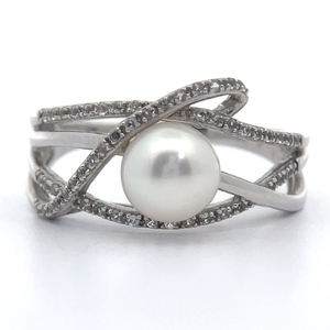 White Cultured Pearl & Diamond Multi-Arc Love Knot Ring in White Gold VIDEO