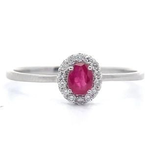 0.26 Carat Oval Ruby & Diamond Petite Halo Ring in White Gold VIDEO