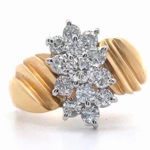 0.85 Carat Diamond Snowflake Cluster Scalloped Seashell Ring in 14k Yellow Gold VIDEO