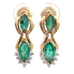 Double Marquise Natural Emerald & Diamond Wreath Leaf Cluster Earrings in Yellow Gold $1,950 Retail