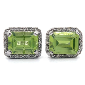 Emerald Cut Peridot & Diamond Rustic & Bright Shine Earrings in White Gold VIDEO