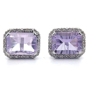 Emerald Starburst Cut Amethyst & Diamond Halo Stud Earrings in White Gold VIDEO