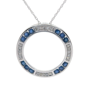 Blue Sapphire & Diamond Floating Eternity Circle Necklace in White Gold