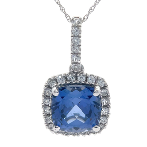 Cushion Blue Sapphire & Pav�Diamond Halo Drop Pendant Necklace in White Gold