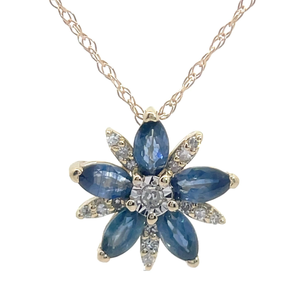 Blue Sapphire & Diamond Cluster Flower Necklace in Yellow Gold VIDEO