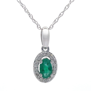 Oval Emerald & Diamond Floating Halo Drop Pendant Necklace in White Gold