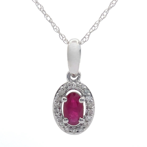 Oval Ruby & Diamond Floating Halo Pendant Necklace in White Gold