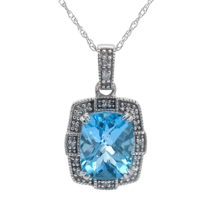 Vintage Style Blue Topaz  & Diamond Halo Pendant Necklace in White Gold VIDEO