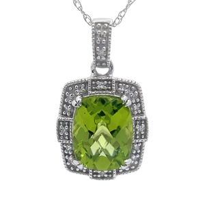 Vintage Style Peridot & Diamond Rustic & Bright Shine Pendant Necklace in White Gold