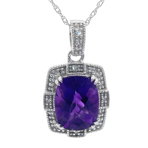 Art Deco Style Amethyst & Diamond Drop Pendant Necklace in White Gold