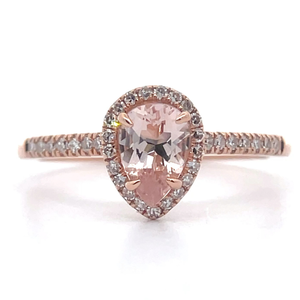 0.76 Carat Pear Morganite & Diamond Halo Ring in 14k Rose Gold VIDEO