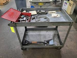lot 240 image: Shop cart on casters and contents ...