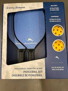 lot 2 image: Tommy Bahama Pickleball Set with Wood Paddles and Outdoor Balls