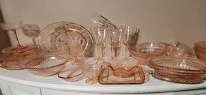lot 27 image: Romantic Pink Depression Glass Serving Pieces and Stemware