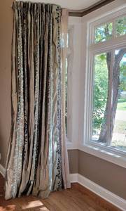lot 43 image: Mocha Embroided Black and Blue Drapery Panels, pair B