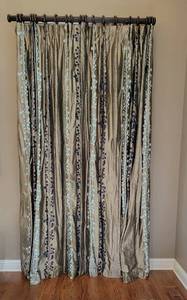 lot 42 image: Mocha Embroided Black and Blue Drapery Panels, pair A 