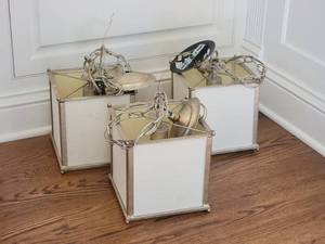 lot 52 image: Modern White  Brushed Silver Cube Hanging Light Fixture Set - (3)