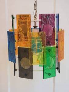lot 18 image: Groovy Vintage MCM Stained Glass Hanging Chandalier Fixture - Polychrome Rectangles