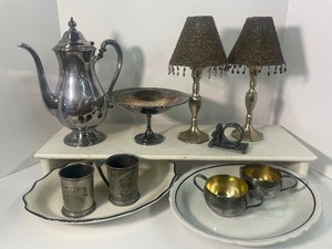 lot 26 image: Silverplate decor lot, Tumblers, Napkin Rings, Foot Bowl, Tea Pot