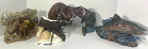 lot 36 image: Painted Ceramic Wildlife Decor-Moose, Bobcat with Rabbit and Two Trout