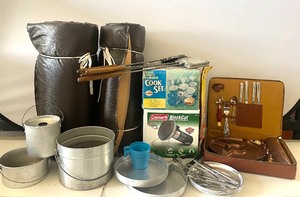 lot 41 image: Large Lot of Vintage Camping Equipment Some New In Package Dishes, Cooking Items, Pie Irons ETC