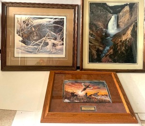 lot 54 image: Three Framed Outdoor Wildlife Artwork Pictures Theresa Marshall Rabbit signed and number 192580, Jim Hansel