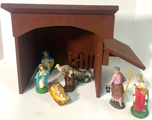 lot 62 image: Vintage Wooden Manger Nativity Set with Some Figures